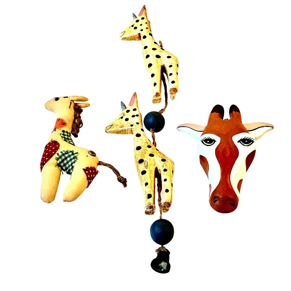 Giraffe Decor Hanging Ornament Vintage Wood + Fabric - Lot of 3 as is flaw